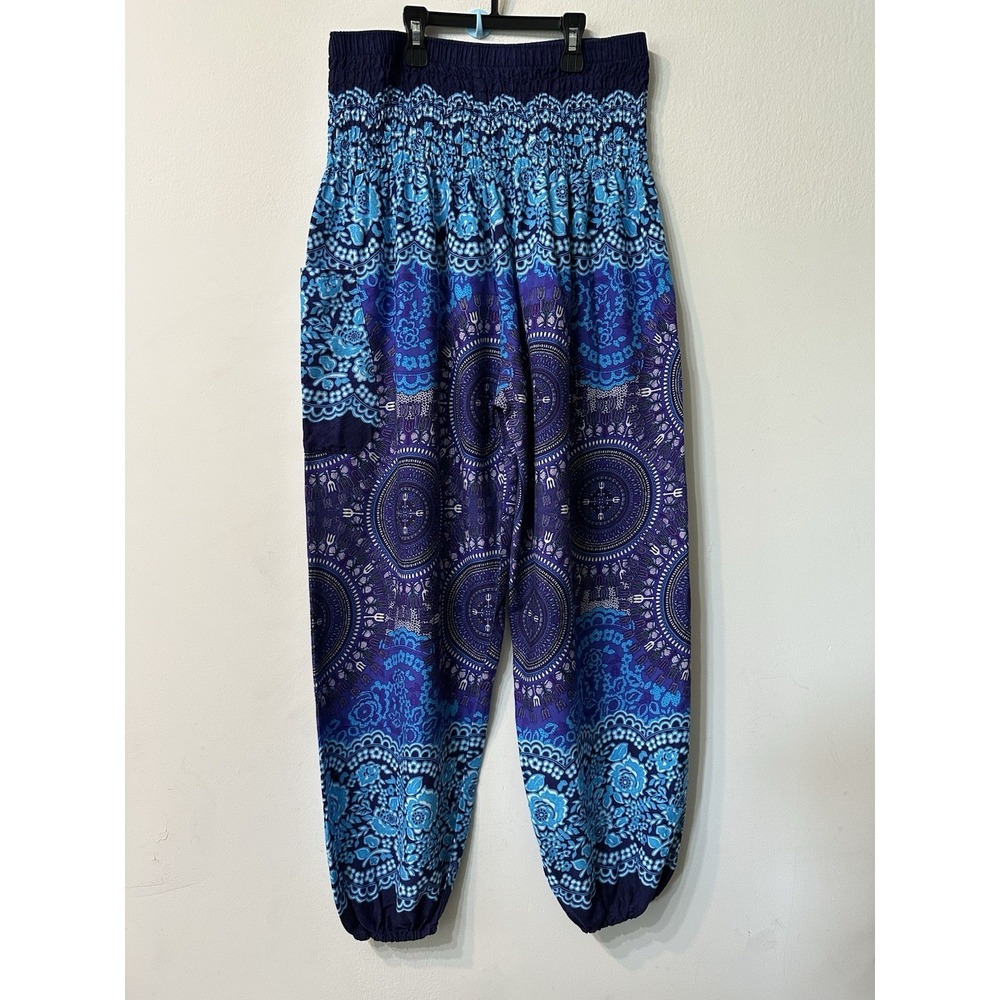Lofbaz Women's Smocked Harem Pants Size L Blue Purple Mandala Boho Yoga Pockets